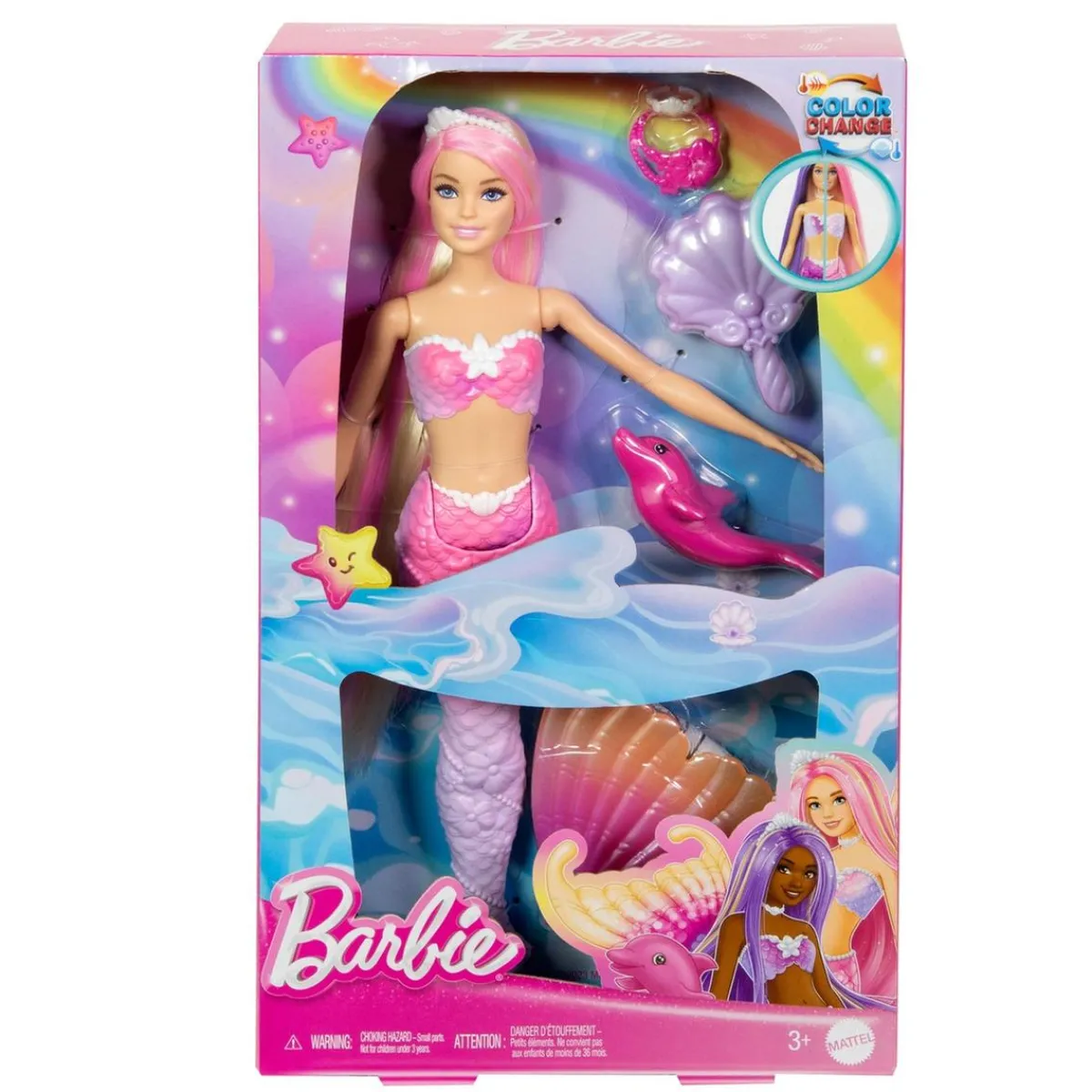MATTEL Muñecas*Barbie - Muñeca sirena cambio de color con delfín y accesorios ㅤ