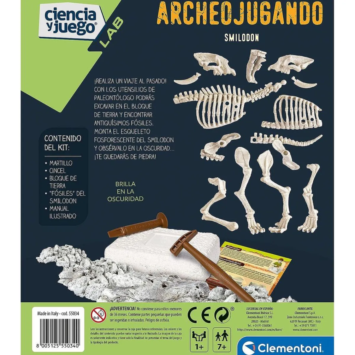 CLEMENTONI Steam*- Juego científico de excavación y montaje Smilodon fosforescente ㅤ