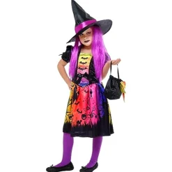 RUBIE'S Disfraces|Halloween*Disfraz de bruja con vestido impreso, sombrero y bolso para fiestas y carnaval ㅤ