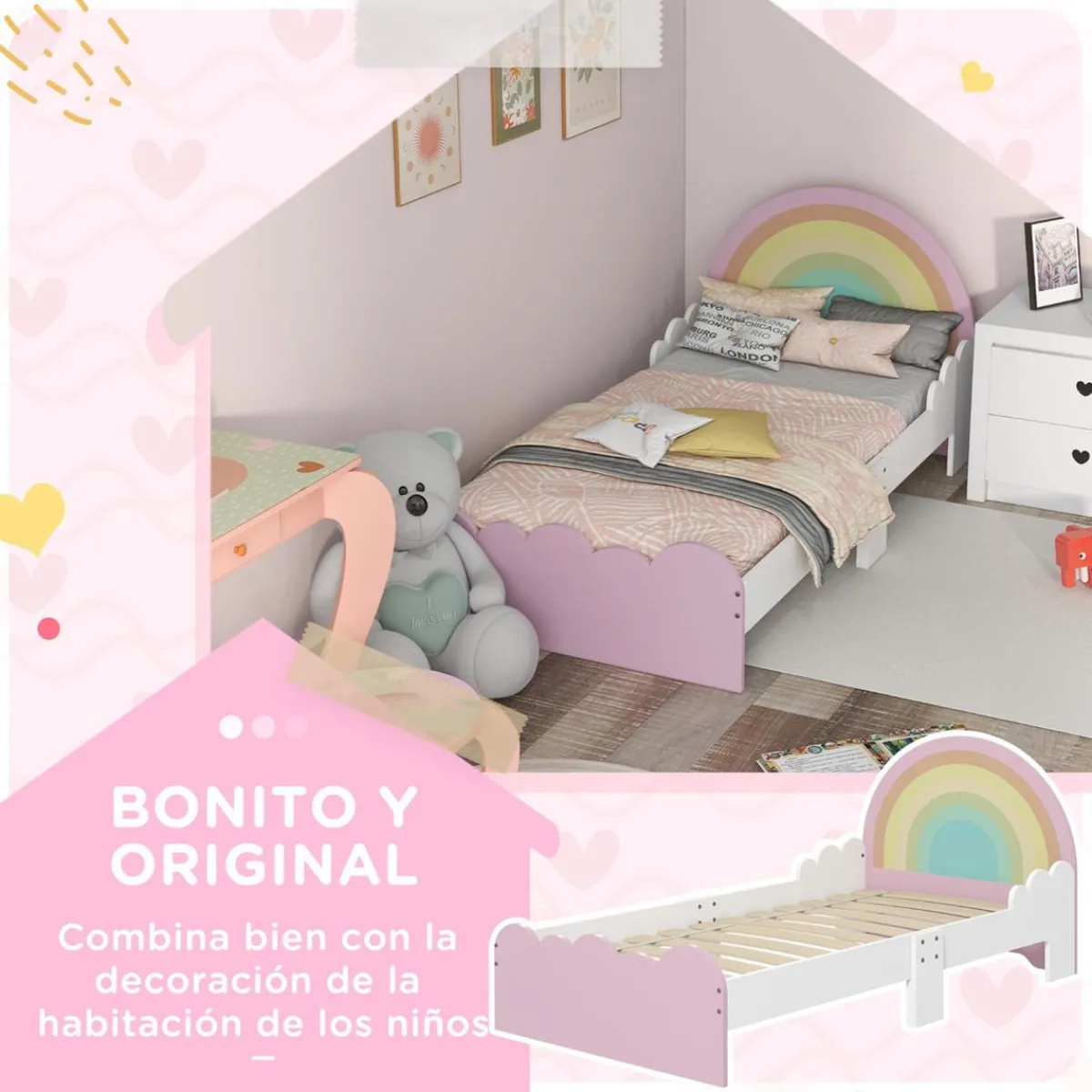 Homcom Estilo De Vida*- Cama infantil arcoíris Rosa