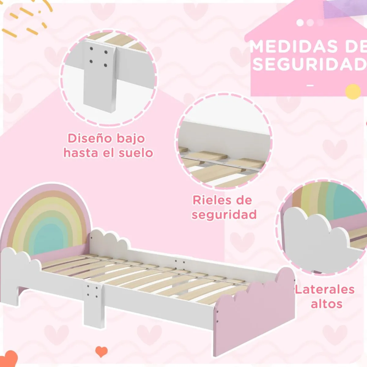 Homcom Estilo De Vida*- Cama infantil arcoíris Rosa