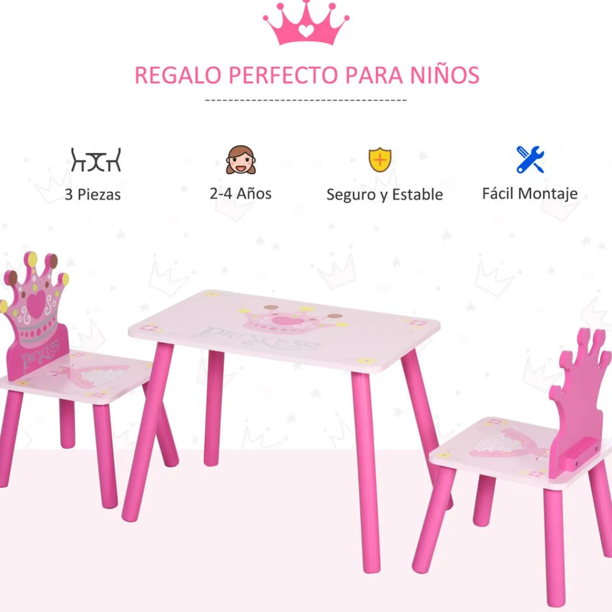 Homcom Estilo De Vida*- Conjunto Mesa + 2 Sillas infantiles Madera Princess