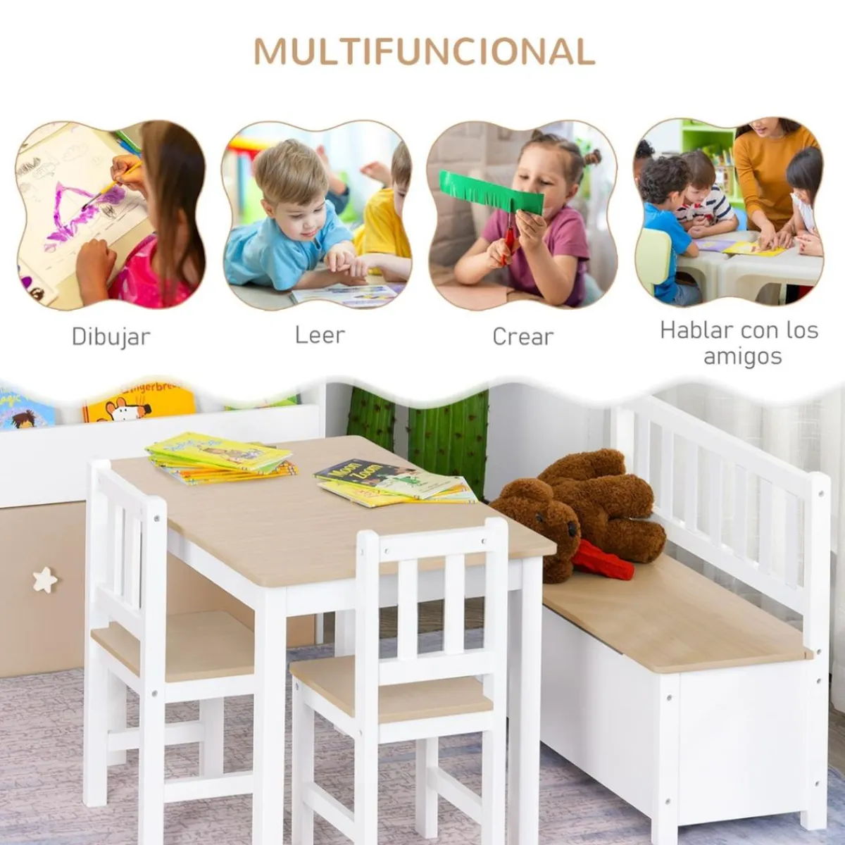 Homcom Entretenimiento·Hamacas Y Columpios|Estilo De Vida*- Conjunto Mesa + Banco + 2 sillas infantiles Madera