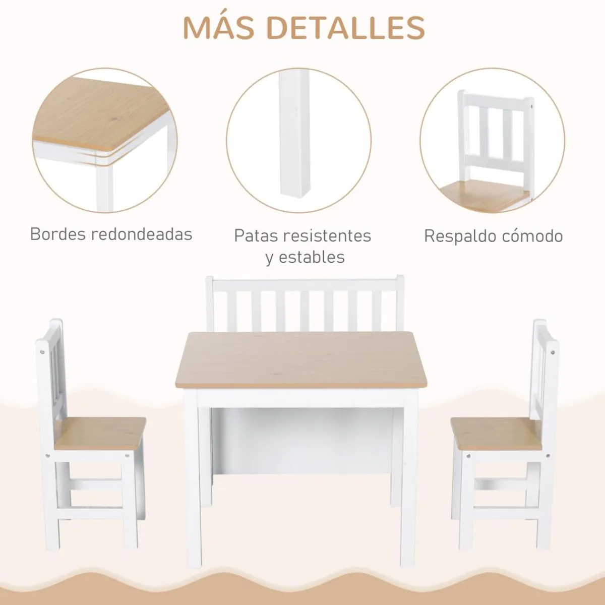 Homcom Entretenimiento·Hamacas Y Columpios|Estilo De Vida*- Conjunto Mesa + Banco + 2 sillas infantiles Madera