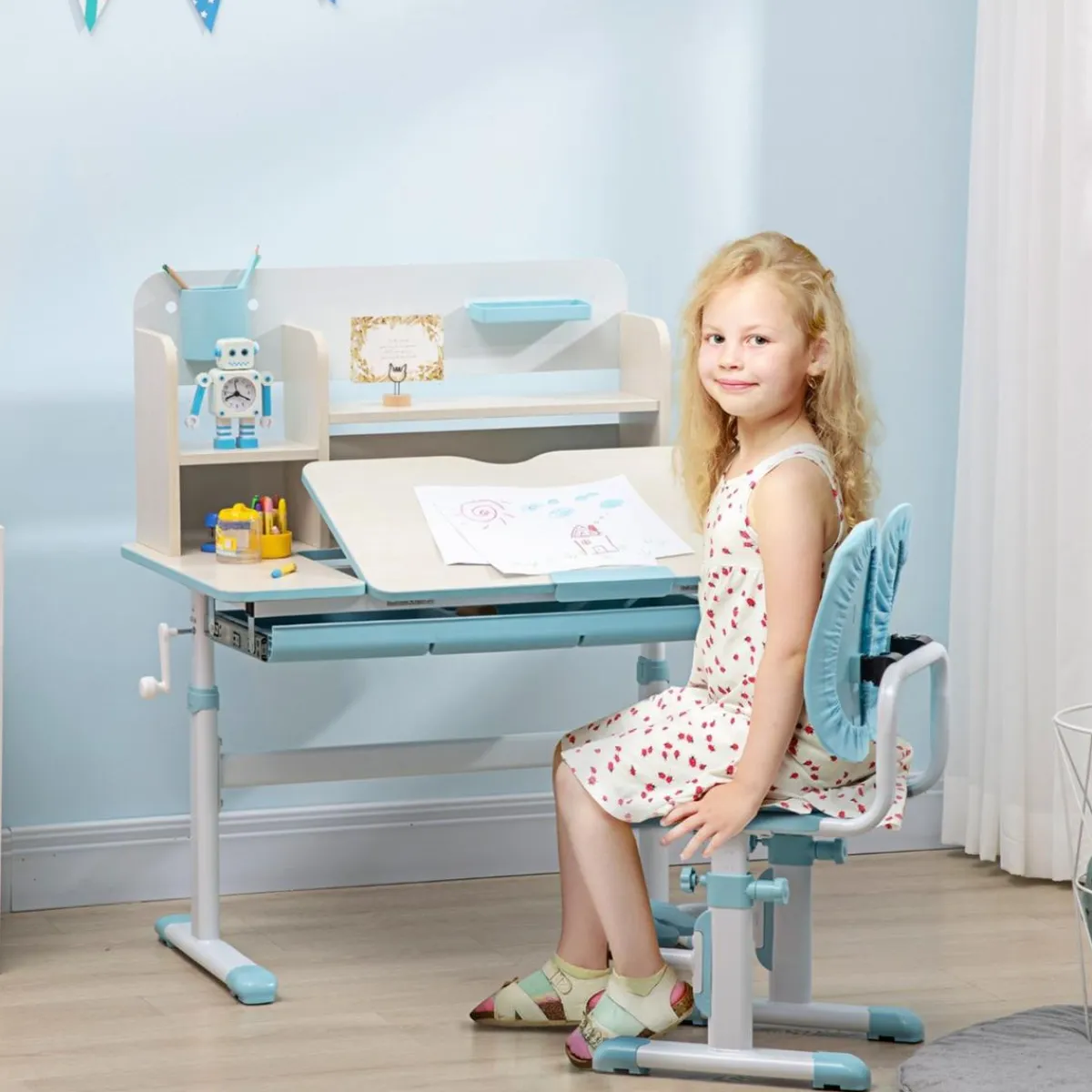 Homcom Estilo De Vida*- Escritorio con estante y silla ajustable Azul y Blanco