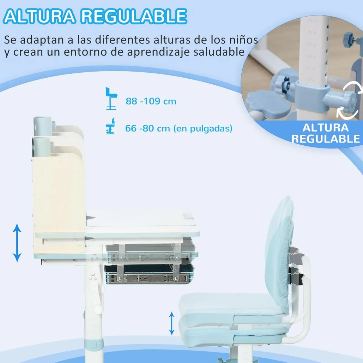 Homcom Estilo De Vida*- Escritorio con estante y silla ajustable Azul y Blanco