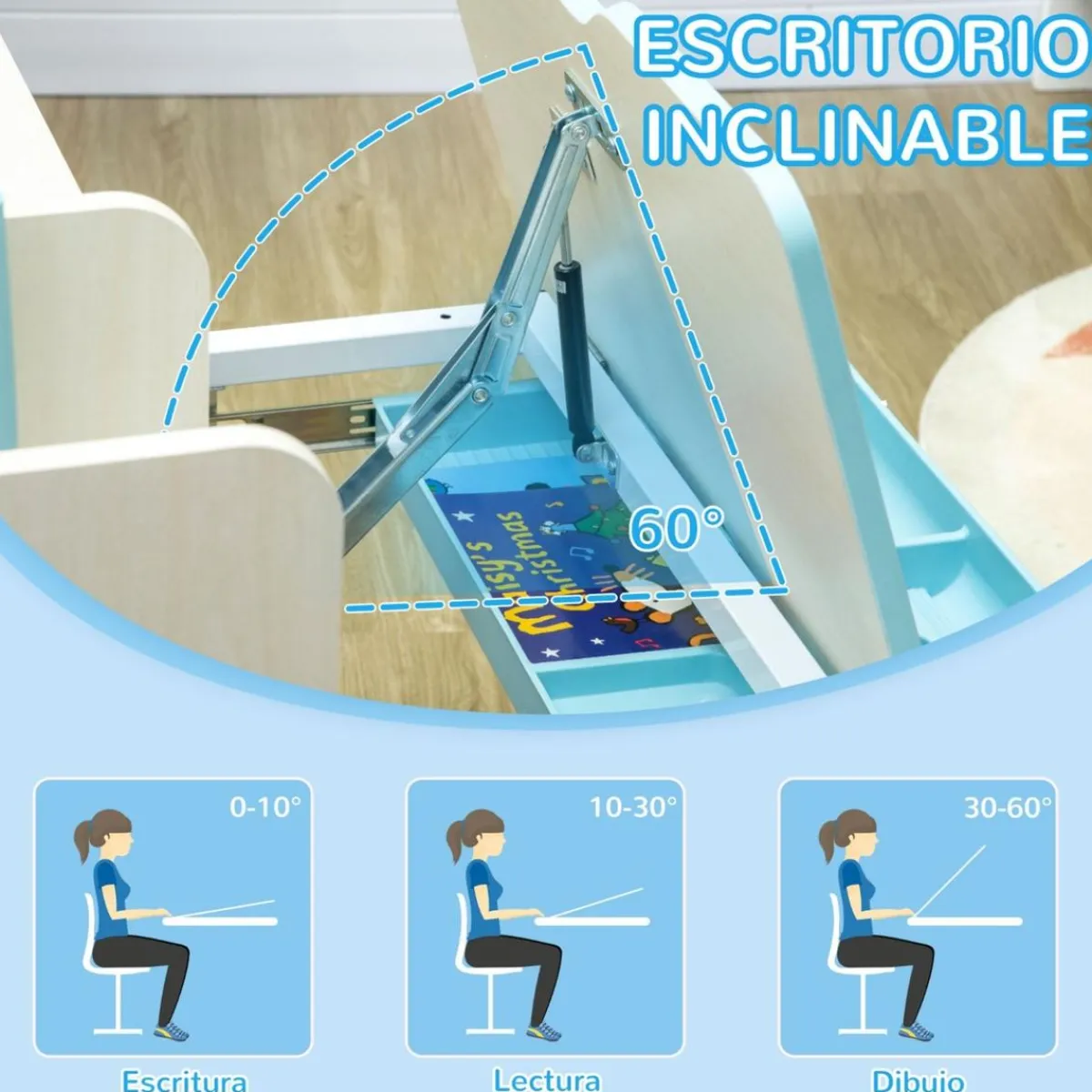 Homcom Estilo De Vida*- Escritorio con estante y silla ajustable Azul y Blanco