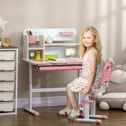 Homcom Estilo De Vida*- Escritorio con estante y silla con altura ajustable Blanco y Rosa