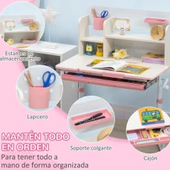 Homcom Estilo De Vida*- Escritorio con estante y silla con altura ajustable Blanco y Rosa