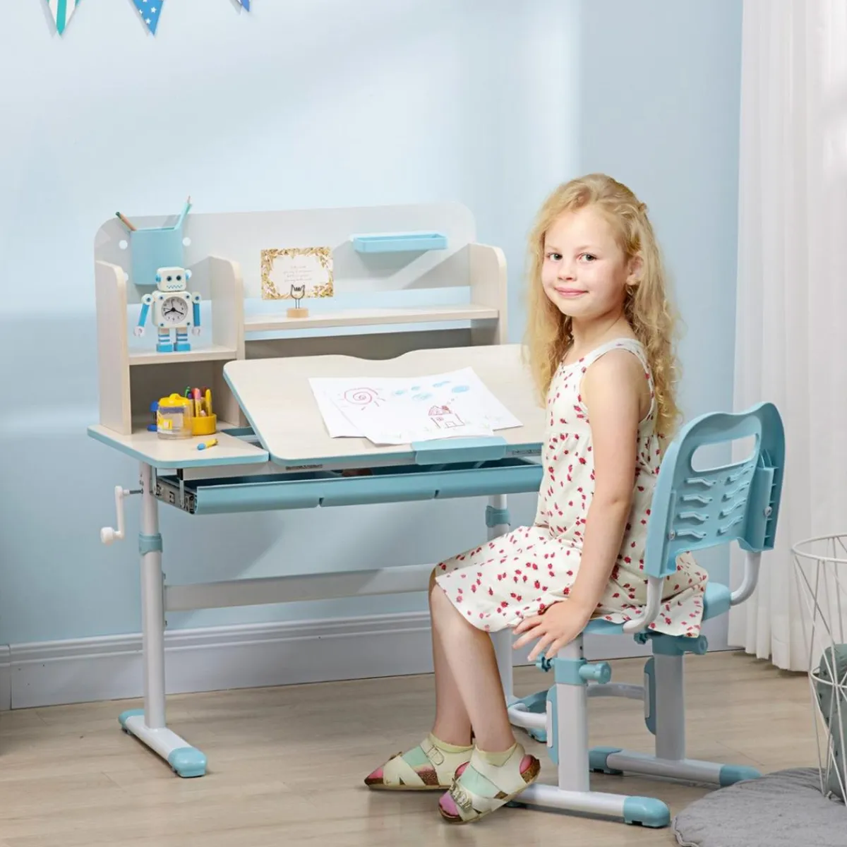 Homcom Estilo De Vida*- Escritorio con estante y silla ajustable Blanco y Azul