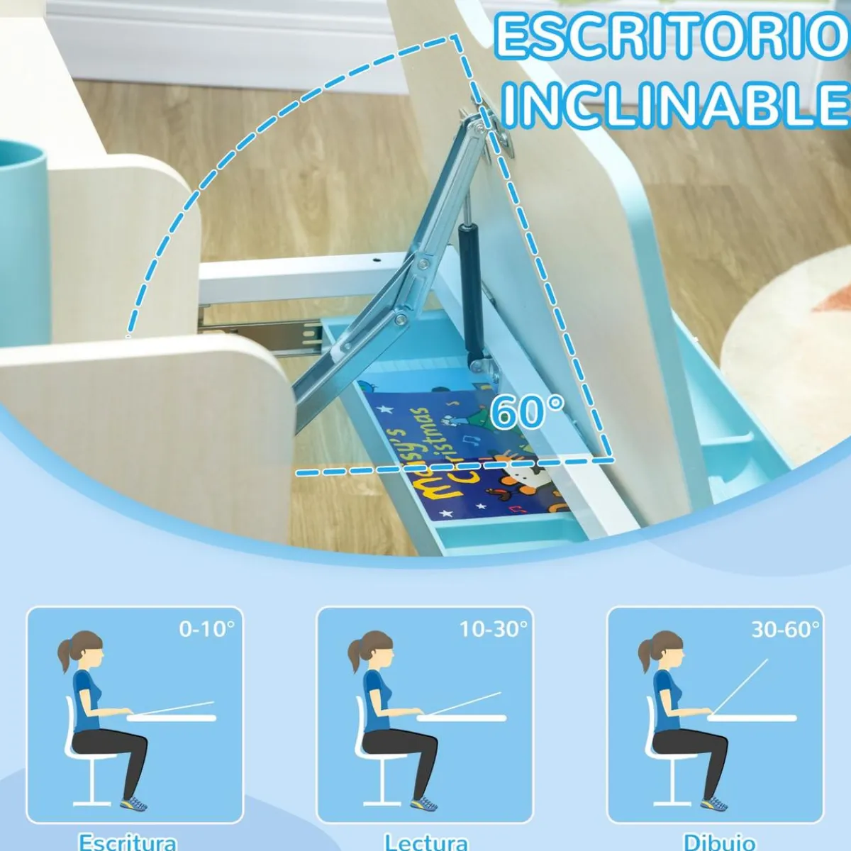 Homcom Estilo De Vida*- Escritorio con estante y silla ajustable Blanco y Azul
