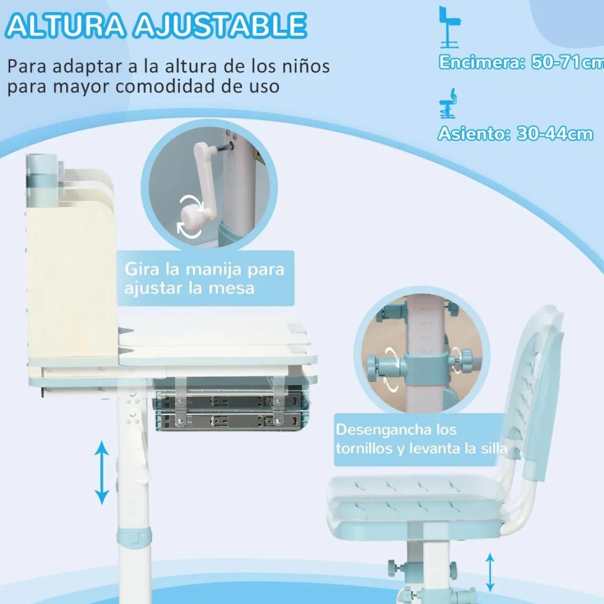 Homcom Estilo De Vida*- Escritorio con estante y silla ajustable Blanco y Azul