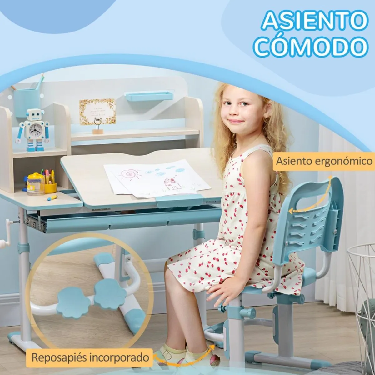 Homcom Estilo De Vida*- Escritorio con estante y silla ajustable Blanco y Azul