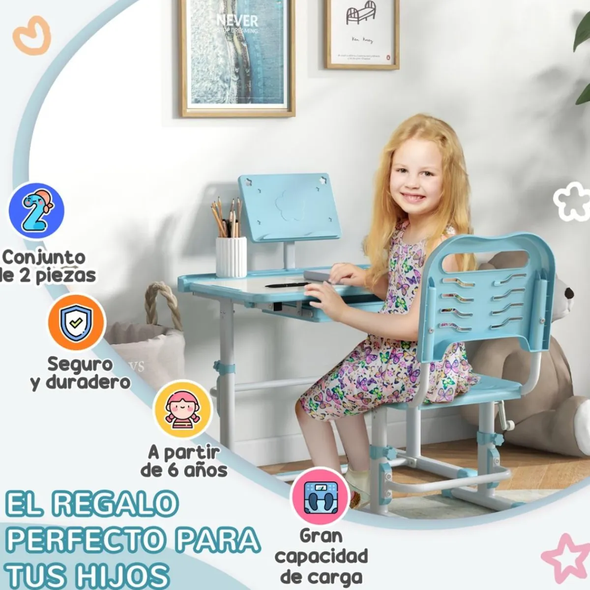 Homcom Estilo De Vida*- Escritorio y silla ajustable Azul y Blanco