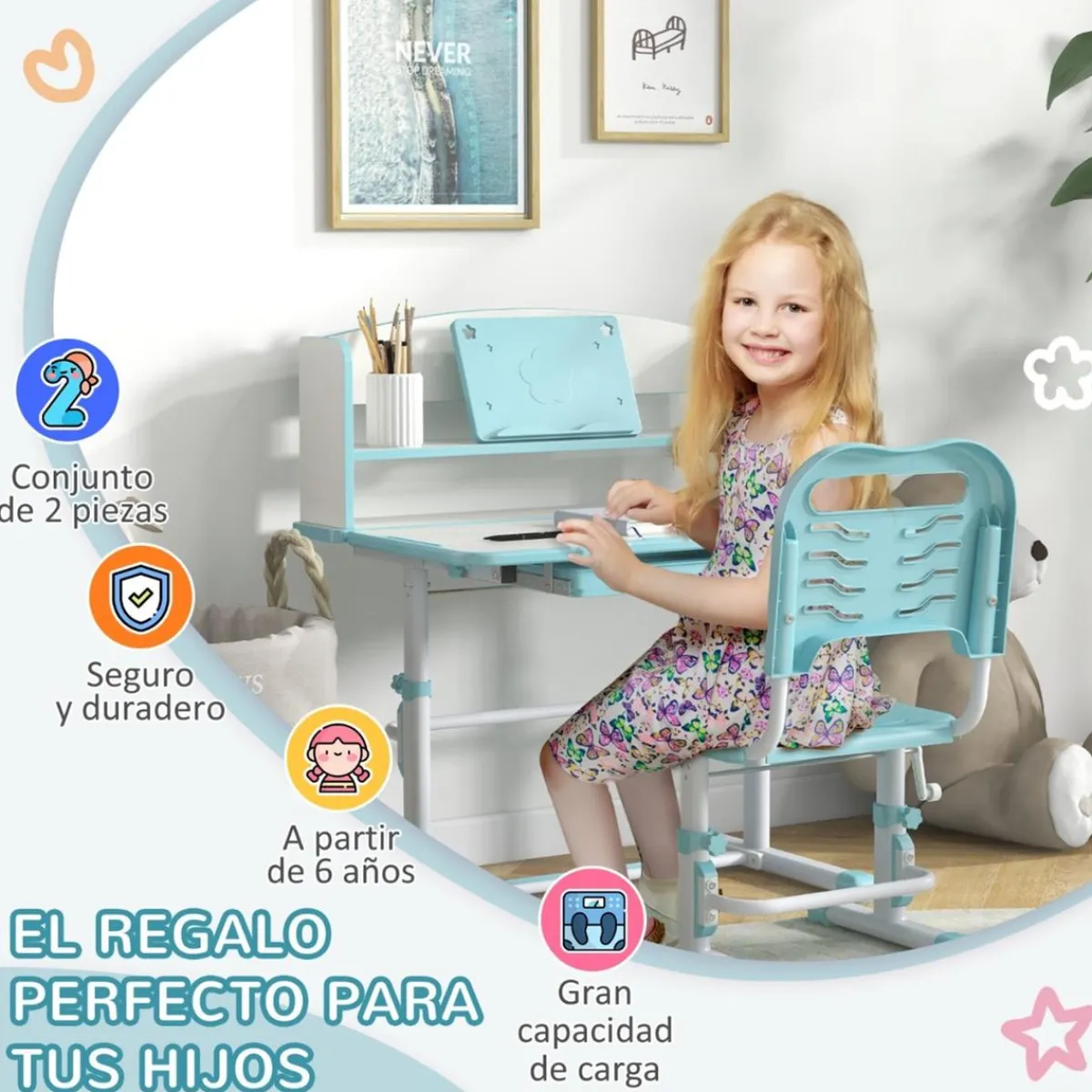 Homcom Estilo De Vida*- Escritorio y silla ajustable Azul y Blanco