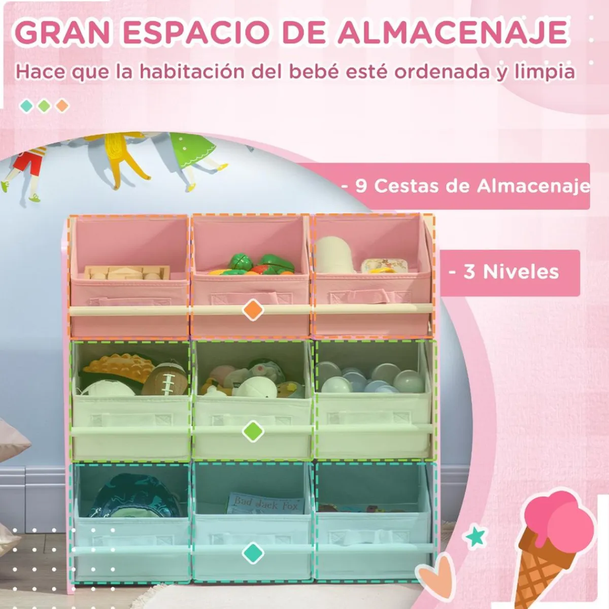 ZONEKIZ Estilo De Vida*Homcom - Estantería infantil con 9 cajas Rosa