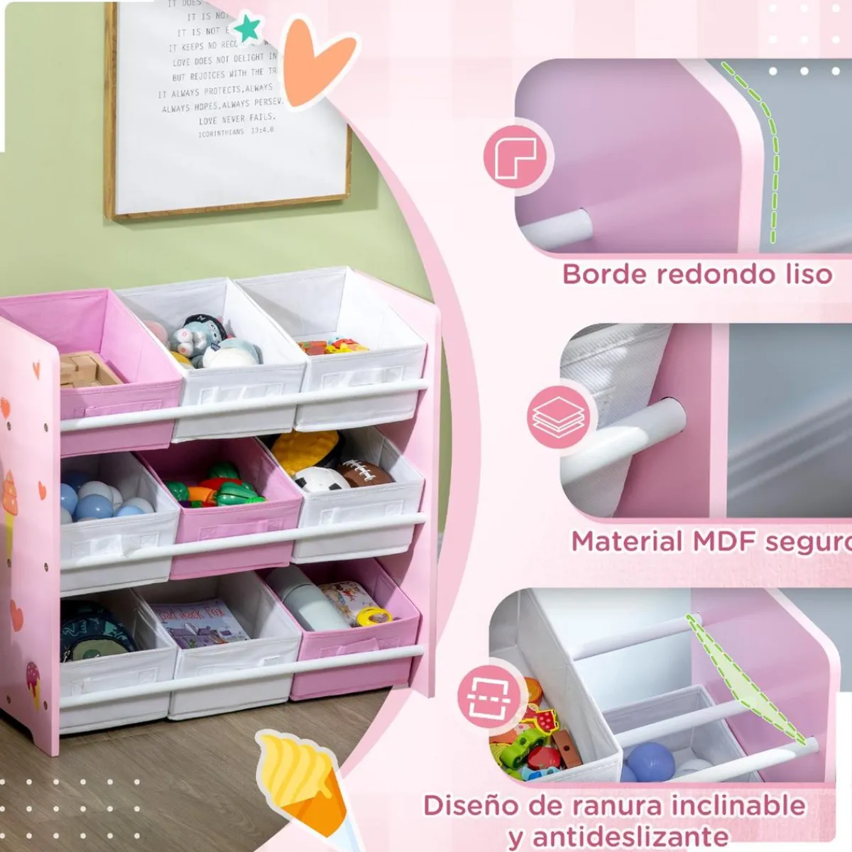 ZONEKIZ Estilo De Vida*Homcom - Estantería infantil con 9 cajas Rosa