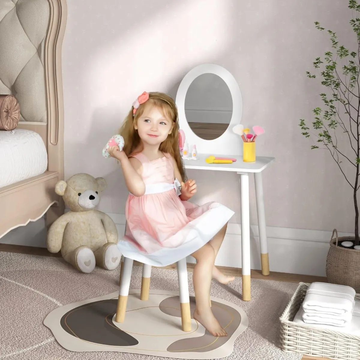 AIYAPLAY Muñecas*Homcom - Tocador básico con espejo y taburete madera Blanco