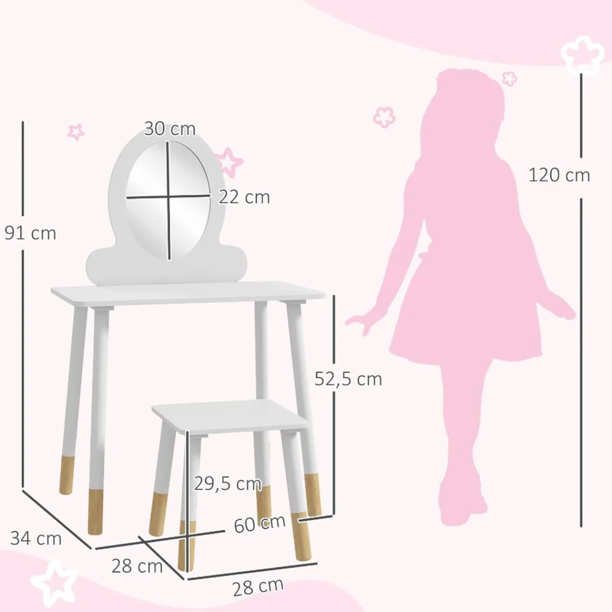 AIYAPLAY Muñecas*Homcom - Tocador básico con espejo y taburete madera Blanco