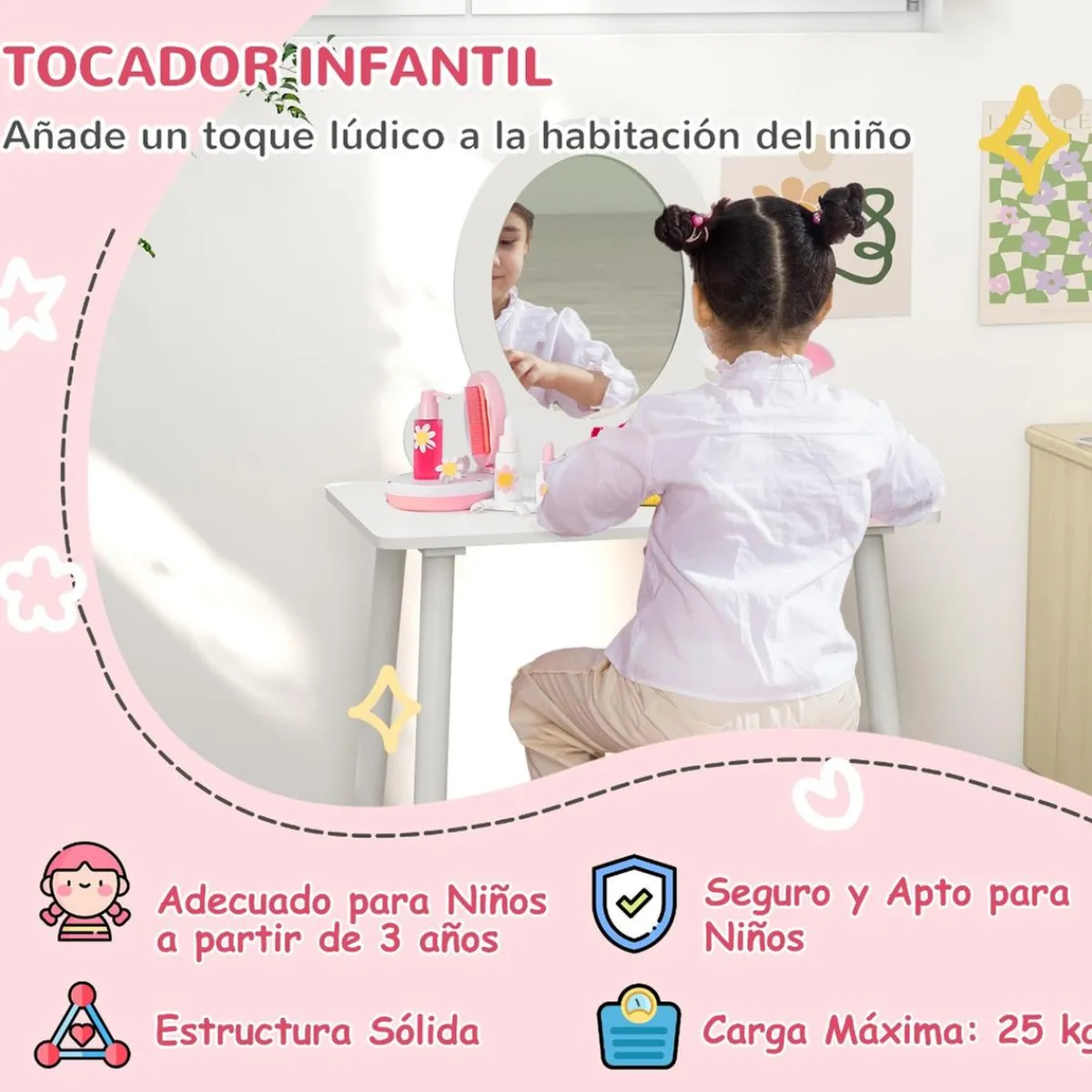 AIYAPLAY Muñecas*Homcom - Tocador básico con espejo y taburete madera Blanco