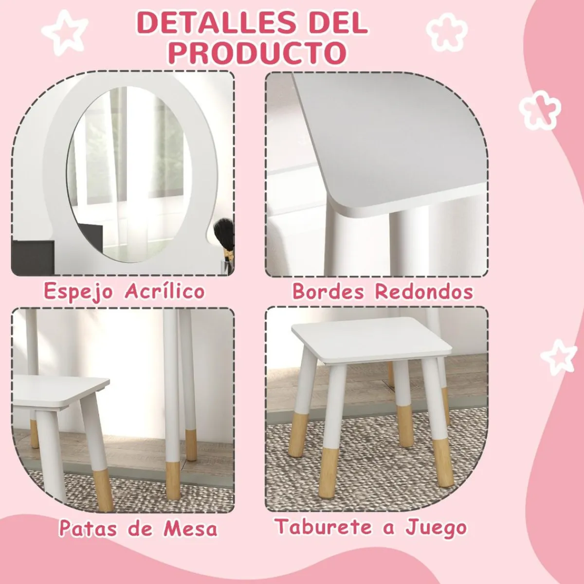 AIYAPLAY Muñecas*Homcom - Tocador básico con espejo y taburete madera Blanco