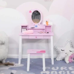 Homcom Muñecas*- Tocador Infantil con Taburete y Espejo