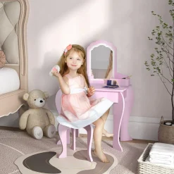 ZONEKIZ Muñecas*Homcom - Tocador infantil con espejo y taburete madera Rosa