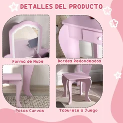 ZONEKIZ Muñecas*Homcom - Tocador infantil con espejo y taburete madera Rosa