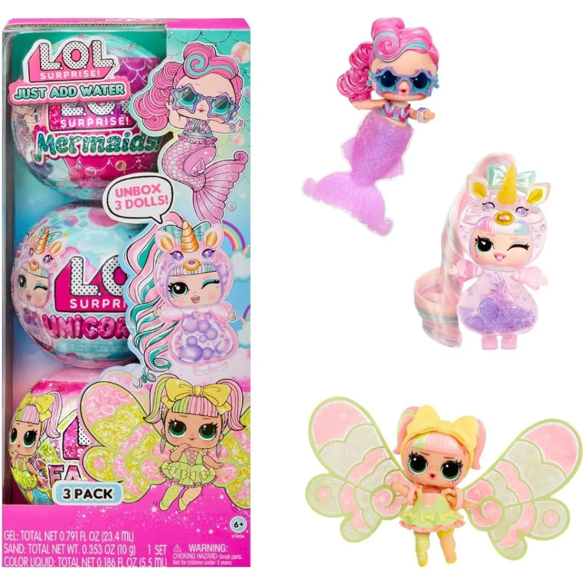 LOL SURPRISE Coleccionables Y Mini Mundos*L.O.L. Surprise - Just add Water - Pack 3 muñecas fantasía (sirena, hada y unicornio)