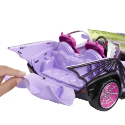 MATTEL Muñecas*- Monster High - Coche convertible morado con accesorios para mascotas y detalles de telaraña ㅤ