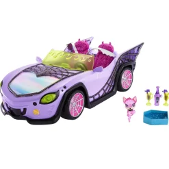 MATTEL Muñecas*- Monster High - Coche convertible morado con accesorios para mascotas y detalles de telaraña ㅤ