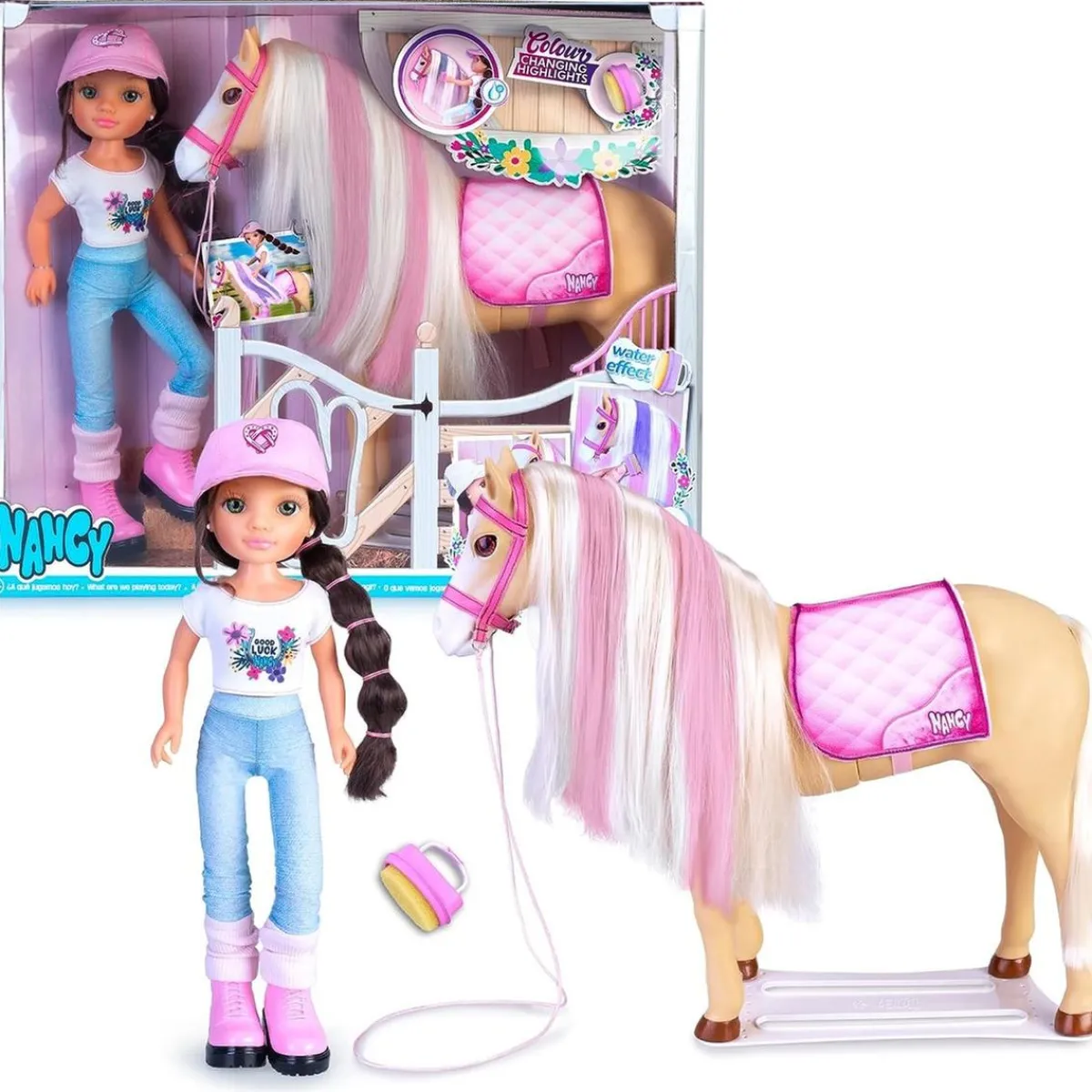 NANCY Muñecas*- Muñeca articulada con caballo y accesorios de cuidado ㅤ