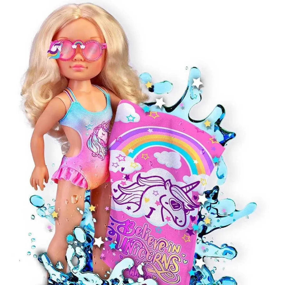 NANCY Muñecas*- Muñeca con toalla mágica, pelo rubio largo, accesorios veraniegos y unicornio