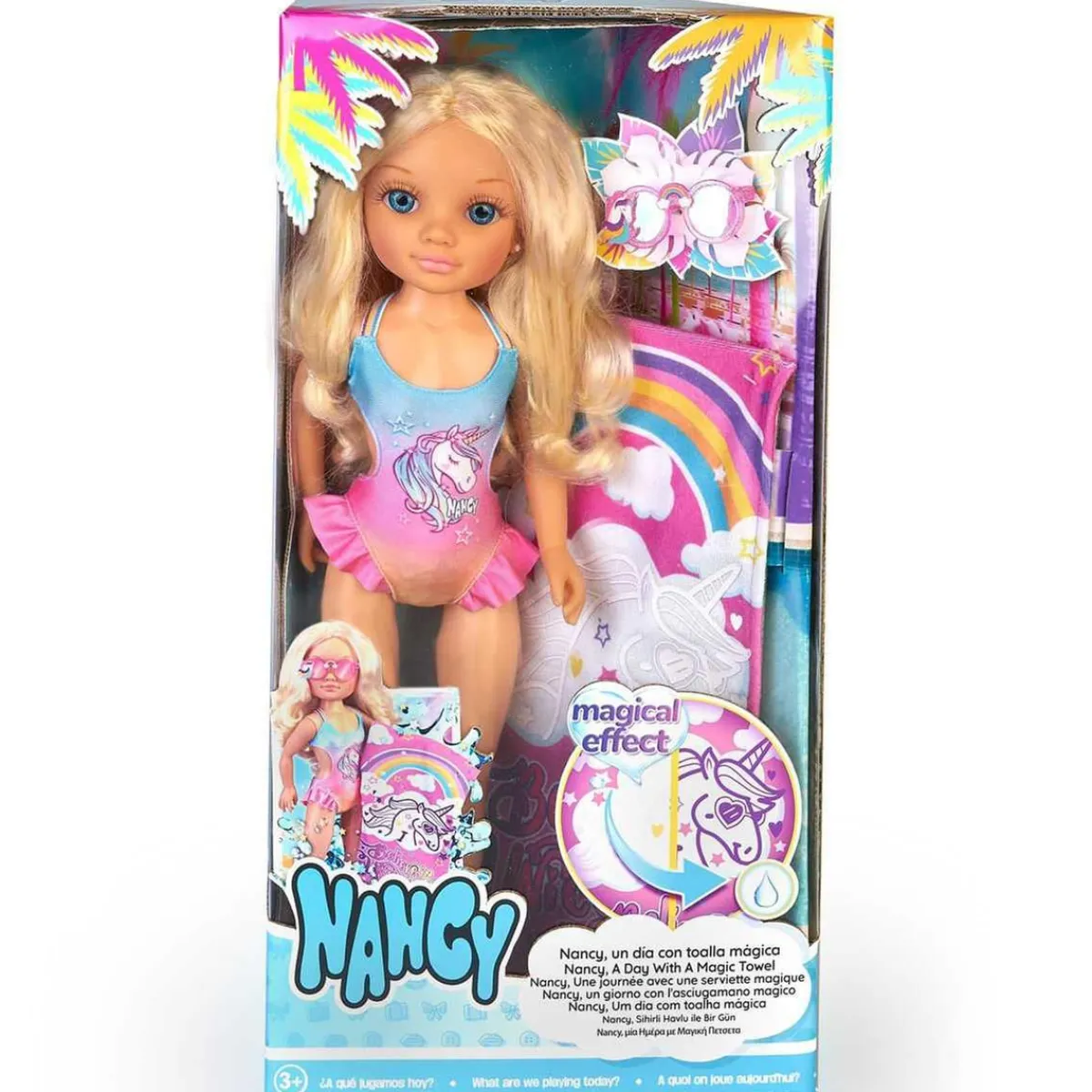 NANCY Muñecas*- Muñeca con toalla mágica, pelo rubio largo, accesorios veraniegos y unicornio