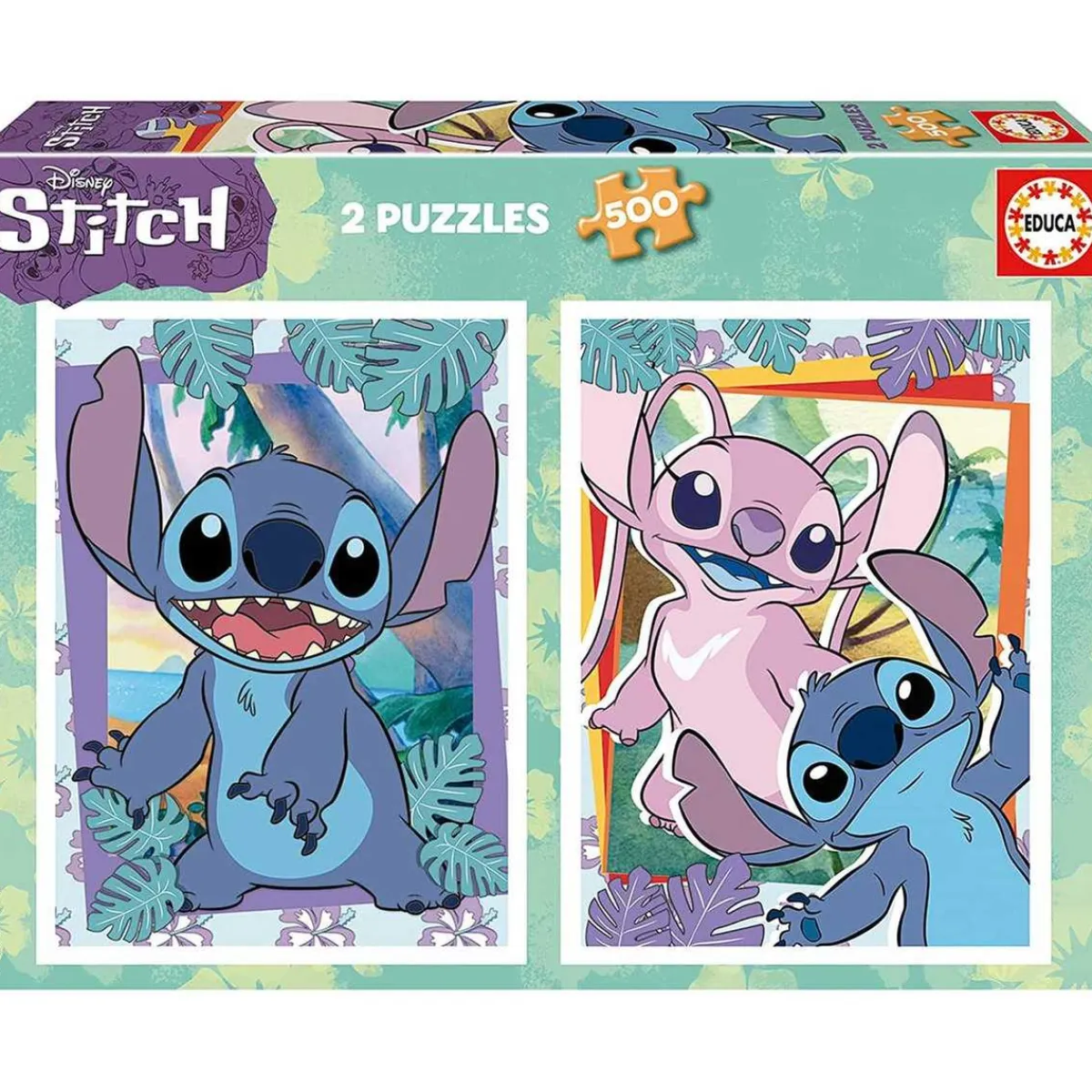 EDUCA BORRAS Juegos Y Puzzles*Pack de 2 puzzles de 500 piezas con imágenes de Stitch y cola Fix Puzzle, 34 x 48 cm (19732) ㅤ