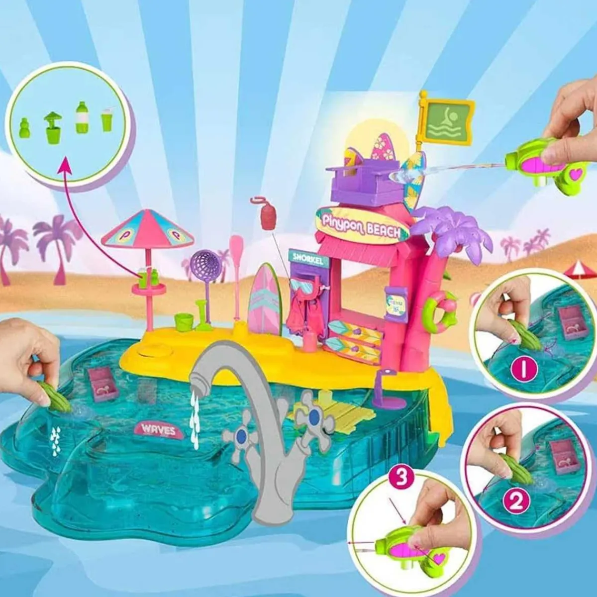 PINYPON Coleccionables Y Mini Mundos*- Playset de playa con accesorios y mini muñeca ㅤ