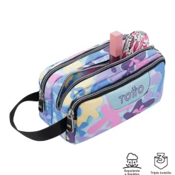 TOTTO Material Escolar*- Estuche escolar tres compartimentos flores hawaianas Agapec