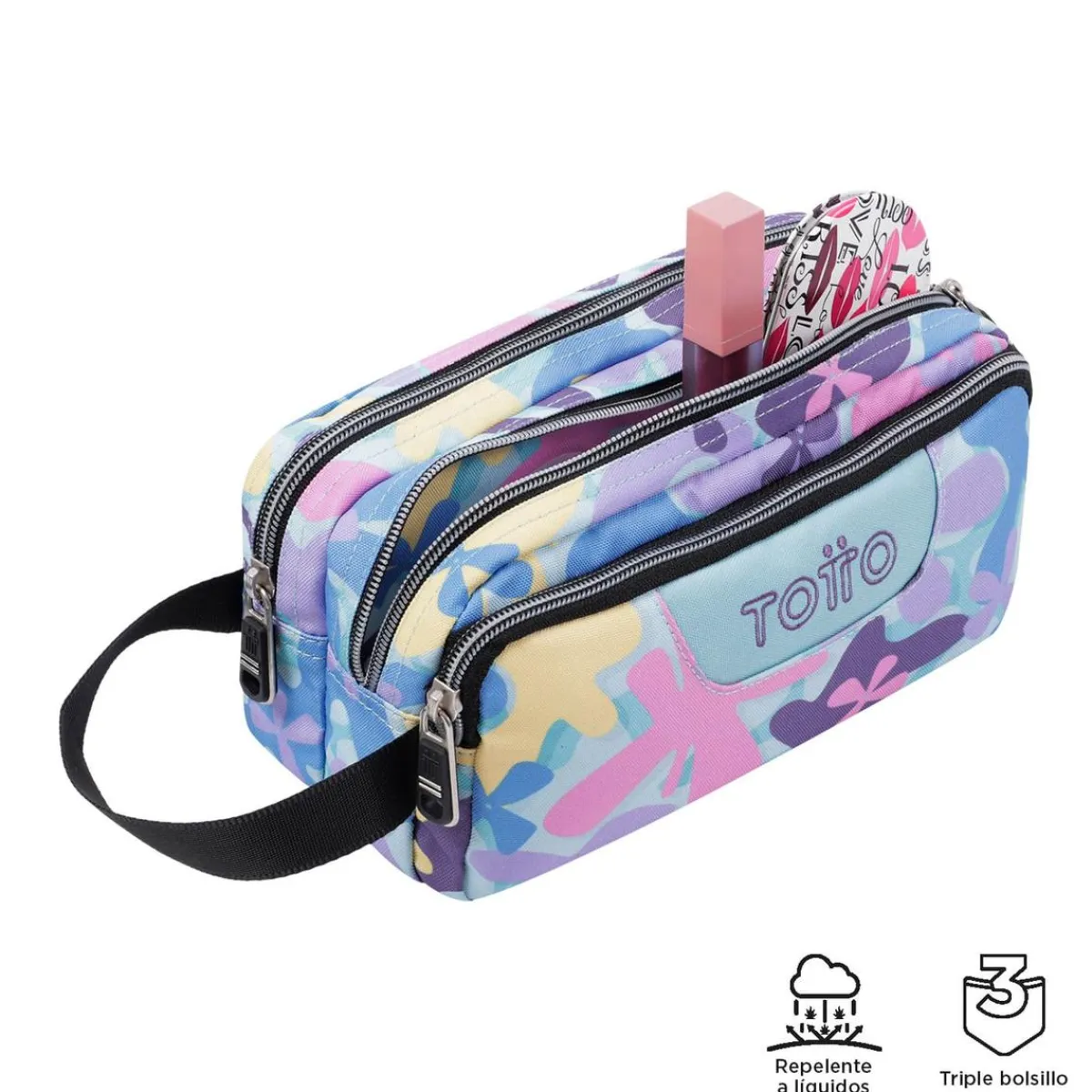 TOTTO Material Escolar*- Estuche escolar tres compartimentos flores hawaianas Agapec