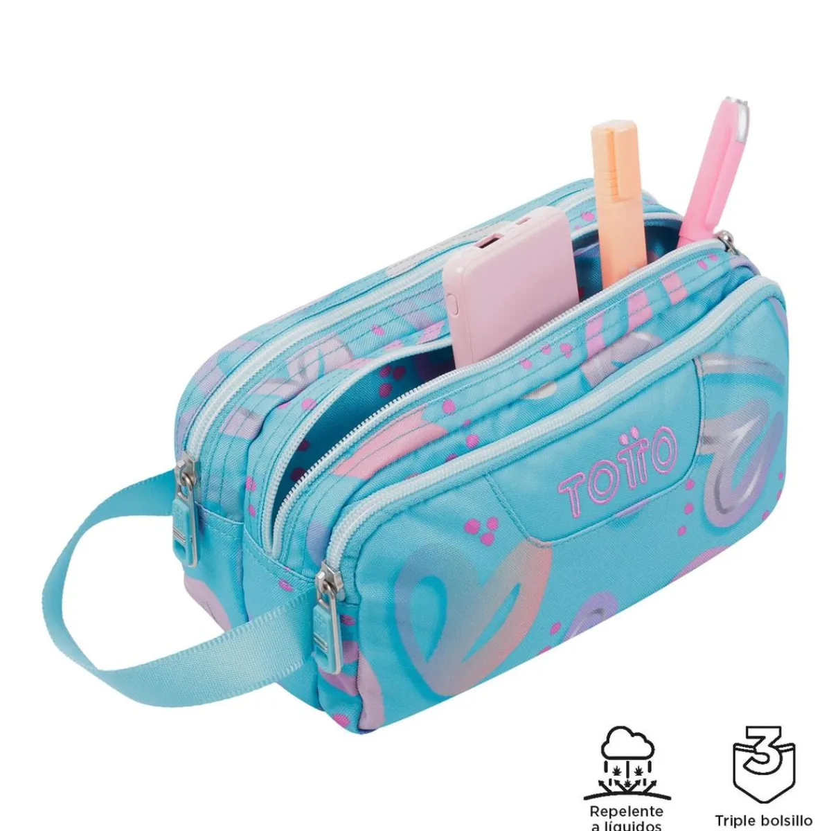 TOTTO Material Escolar*- Estuche escolar tres compartimentos corazones pintados Agapec