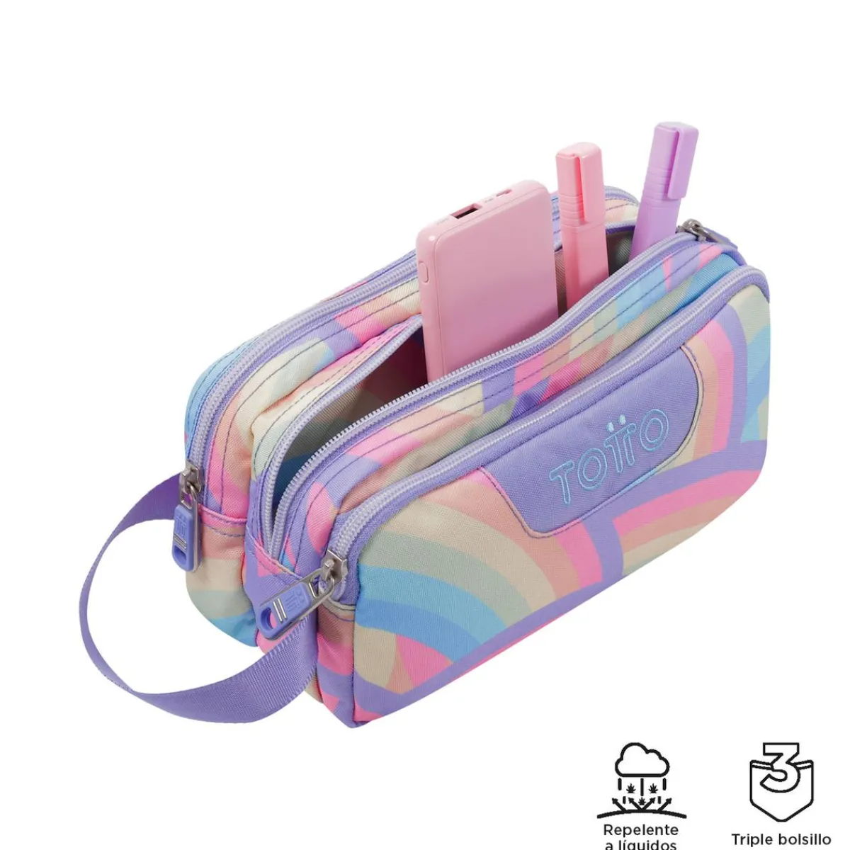 TOTTO Material Escolar*- Estuche escolar tres compartimentos arcoíris Agapec