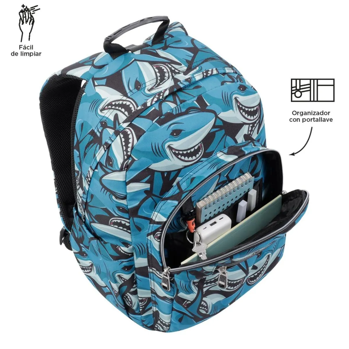 TOTTO Material Escolar*- Mochila escolar adaptable a carro tiburones Acuareles