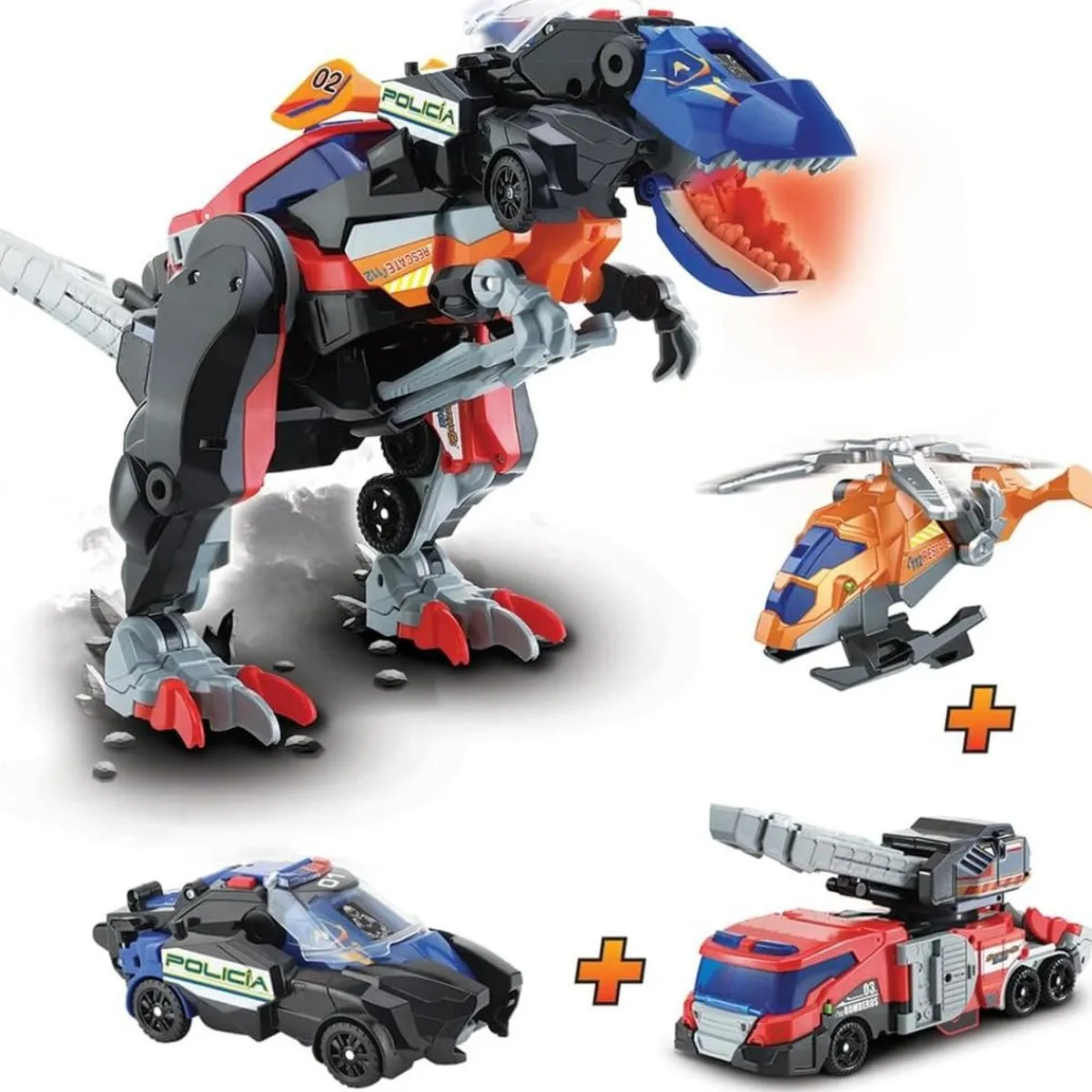 VTECH Coleccionables Y Mini Mundos*- Dinosaurio Switch&Go con bomberos y vehículos Mega T-Rex ㅤ